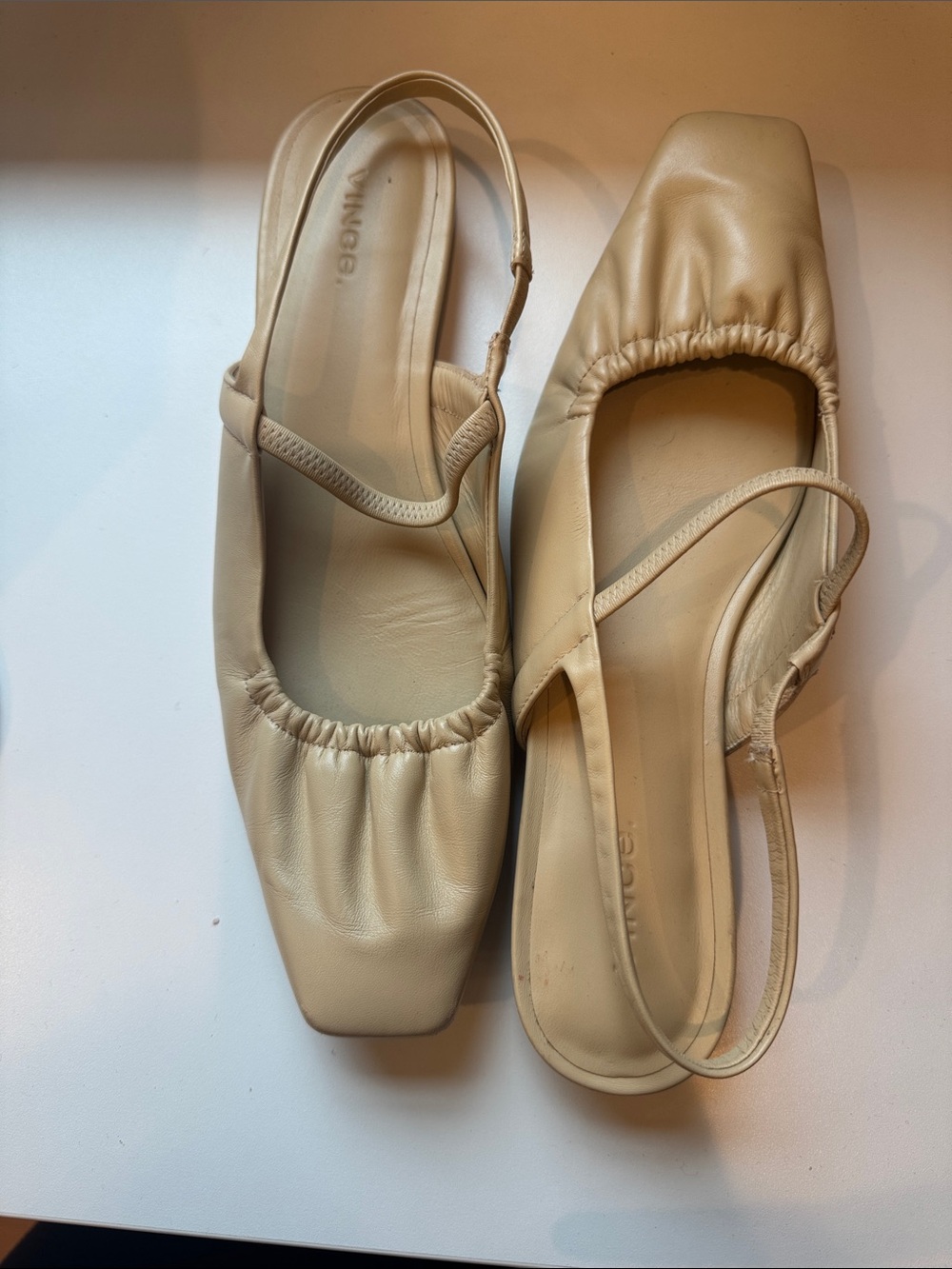 Vince Cream Square-Toe Ruched Slingback Flats